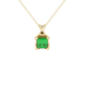 Princess emerald green gemstone pendant, yellow gold tulip basket setting.