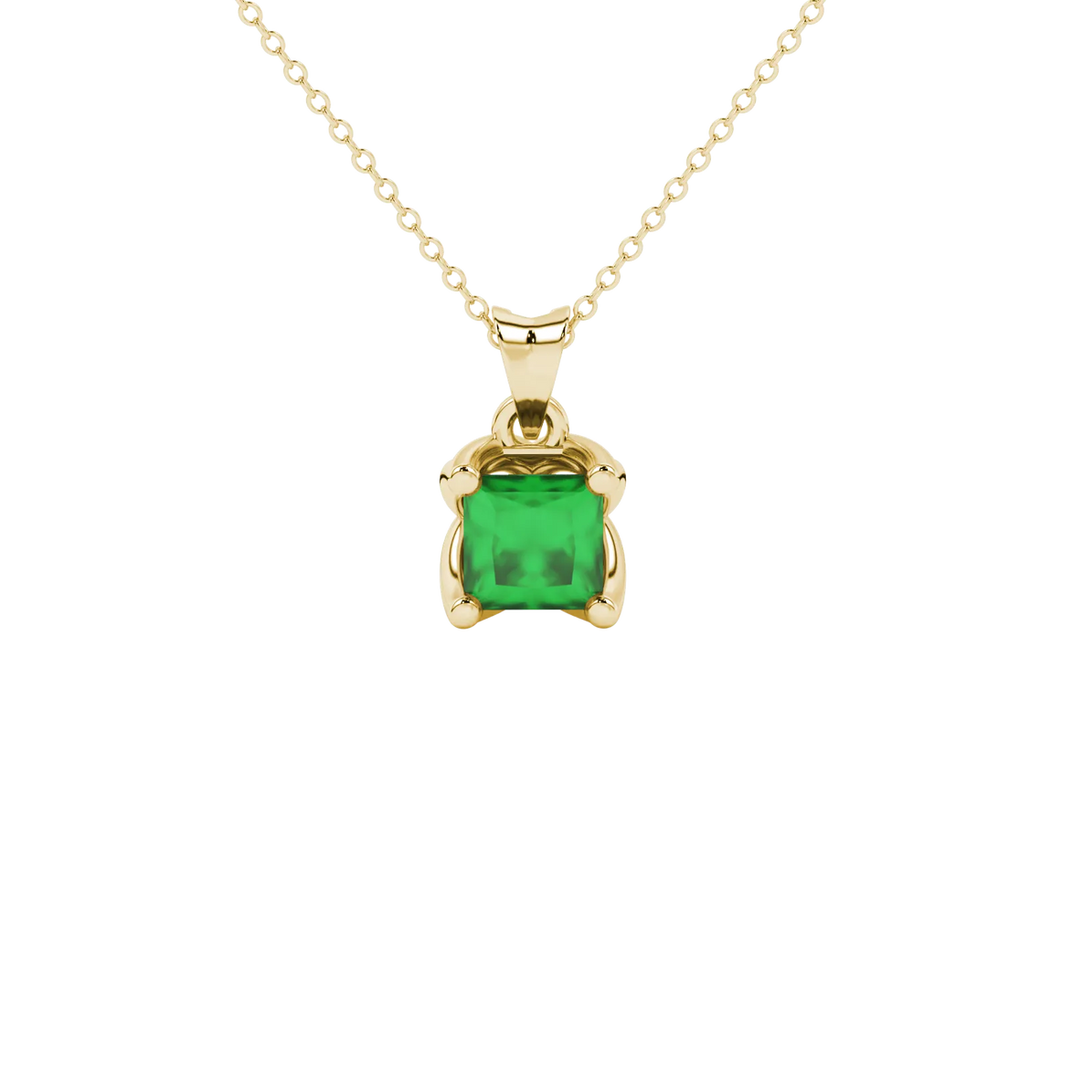Princess emerald green gemstone pendant, yellow gold tulip basket setting.