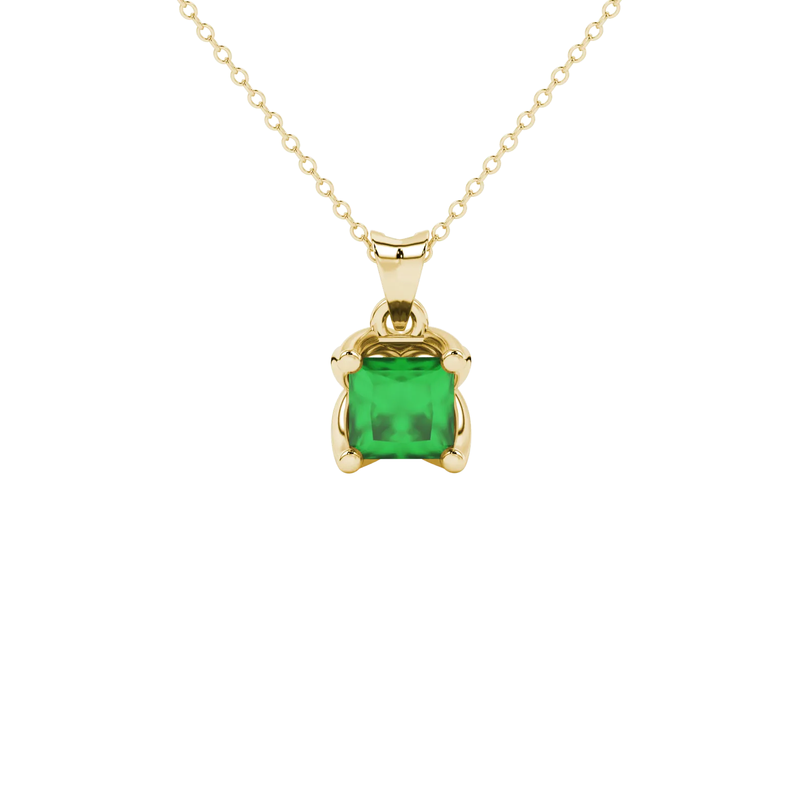 Princess emerald green gemstone pendant, yellow gold tulip basket setting.