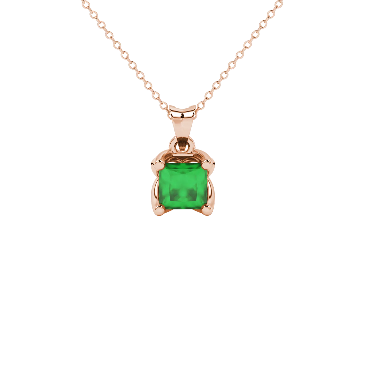 Princess emerald green gemstone pendant, rose gold tulip basket setting.