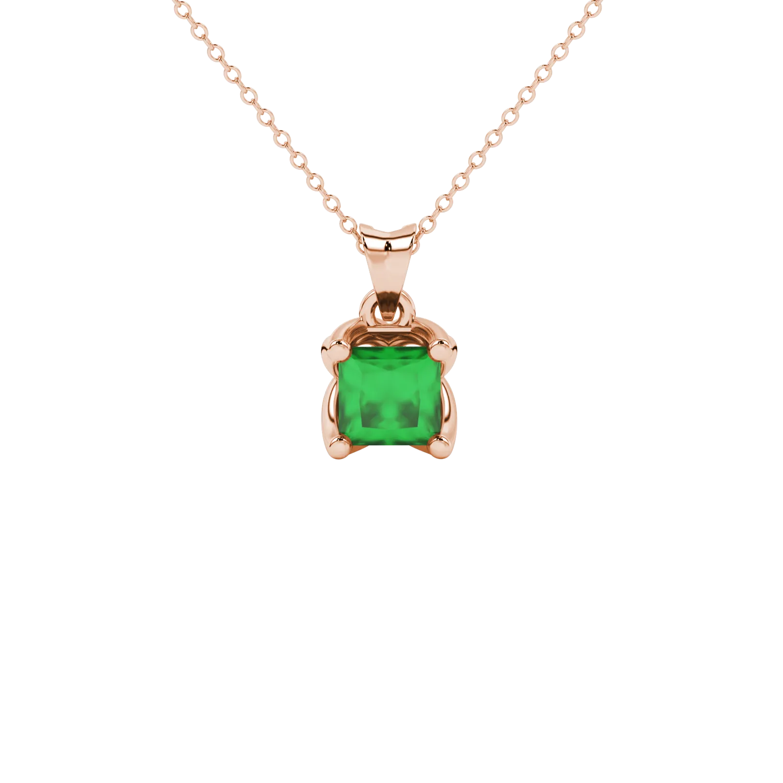 Princess emerald green gemstone pendant, rose gold tulip basket setting.
