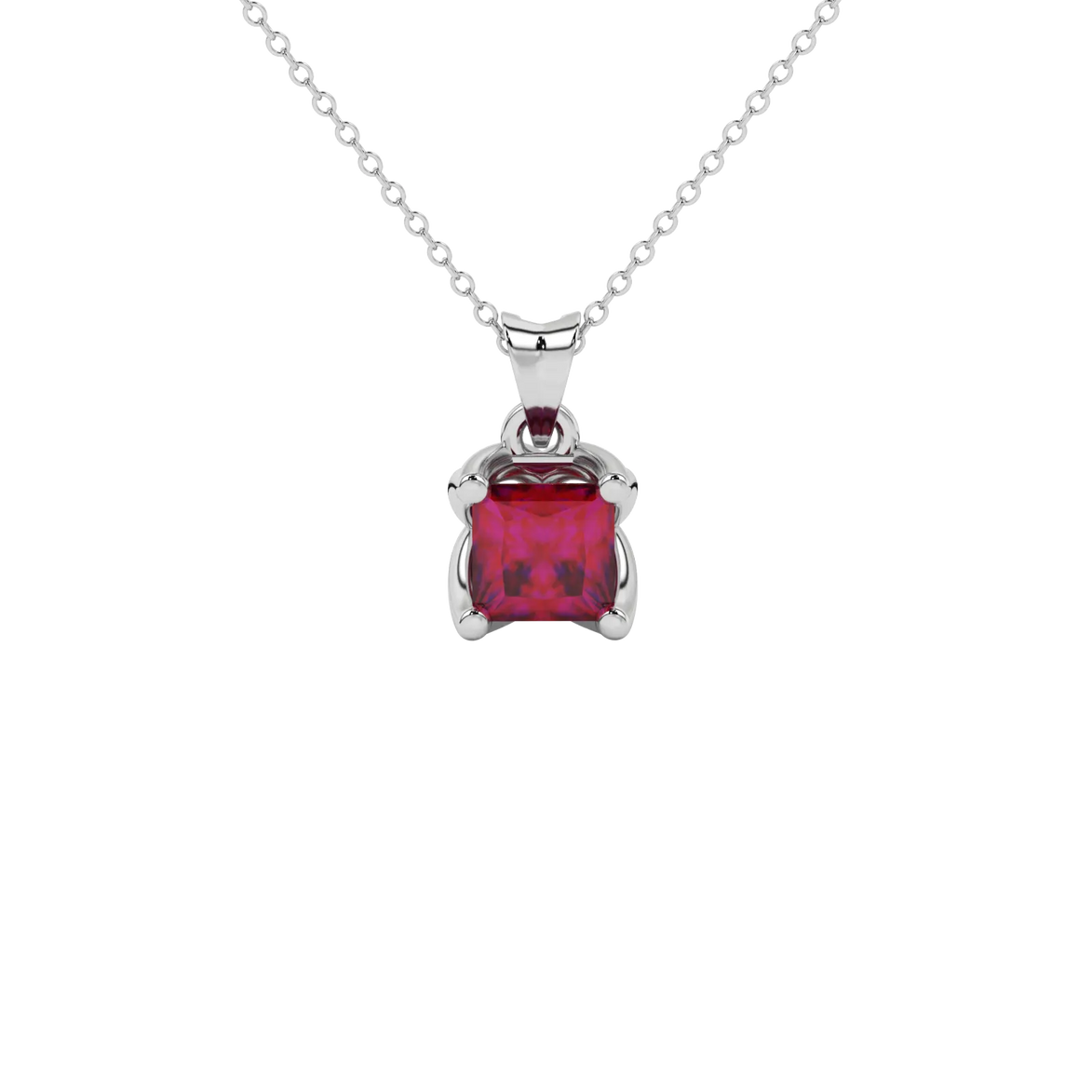 Princess raspberry red gemstone pendant, white gold tulip basket setting.