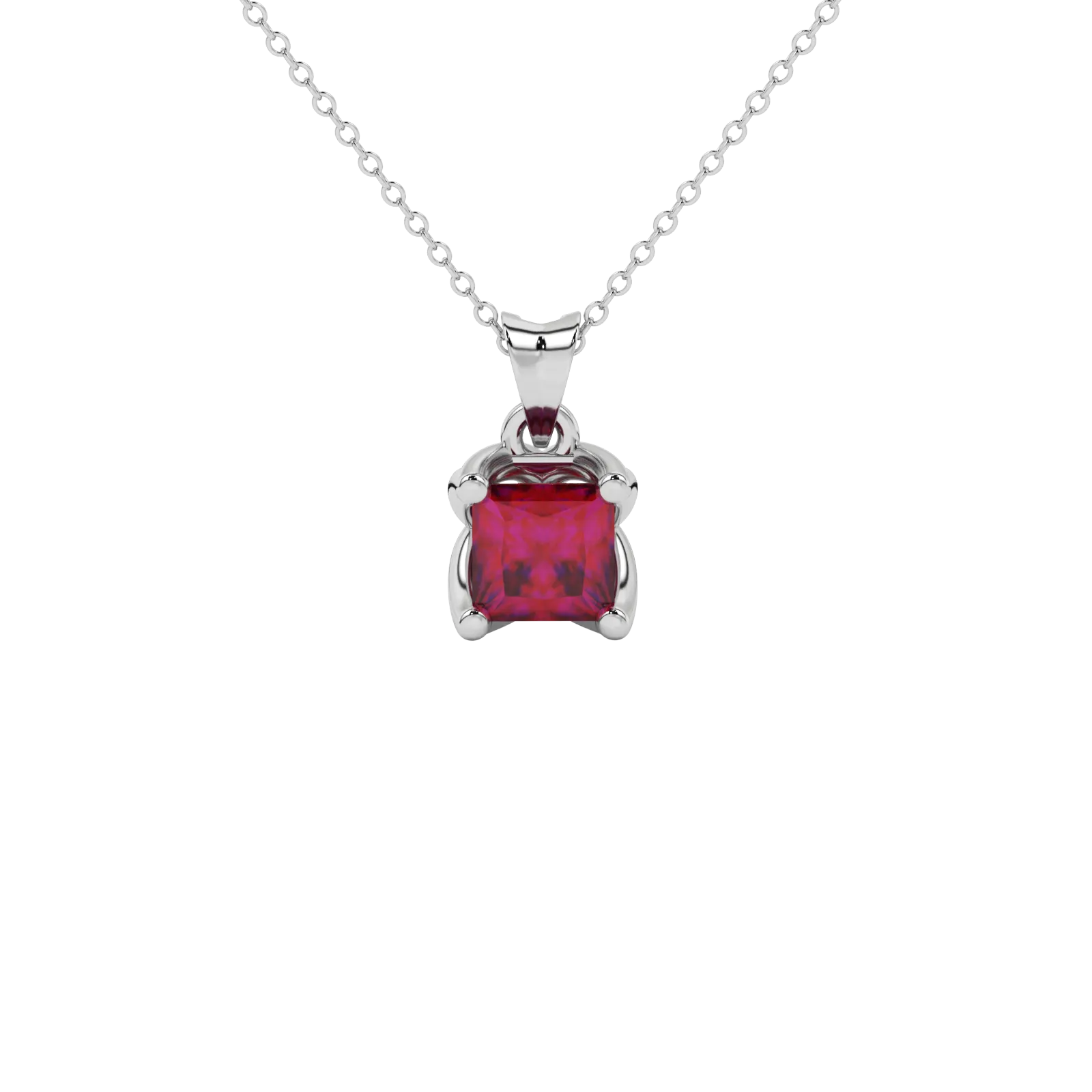 Princess raspberry red gemstone pendant, white gold tulip basket setting.