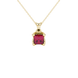 Princess raspberry red gemstone pendant, yellow gold tulip basket setting.