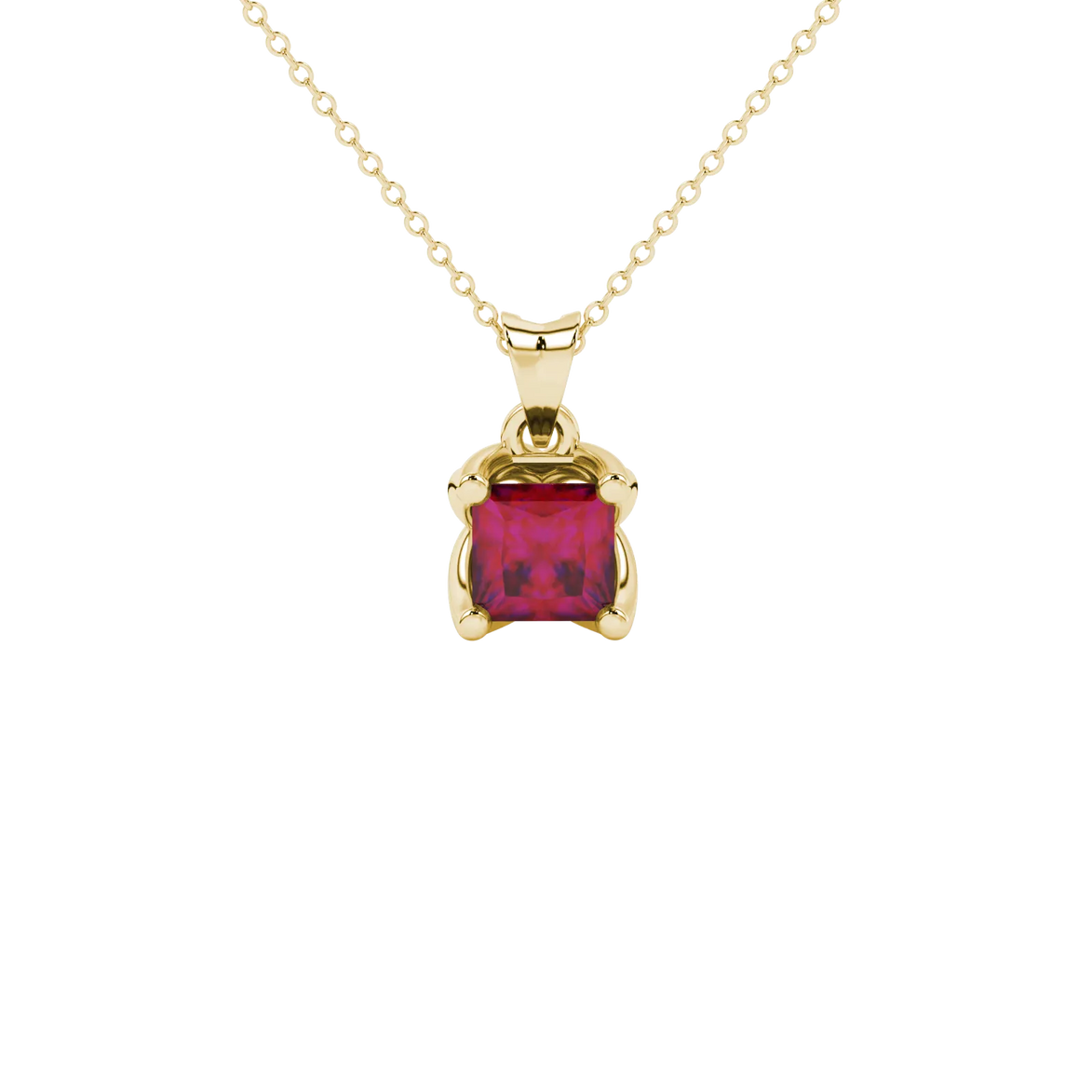 Princess raspberry red gemstone pendant, yellow gold tulip basket setting.