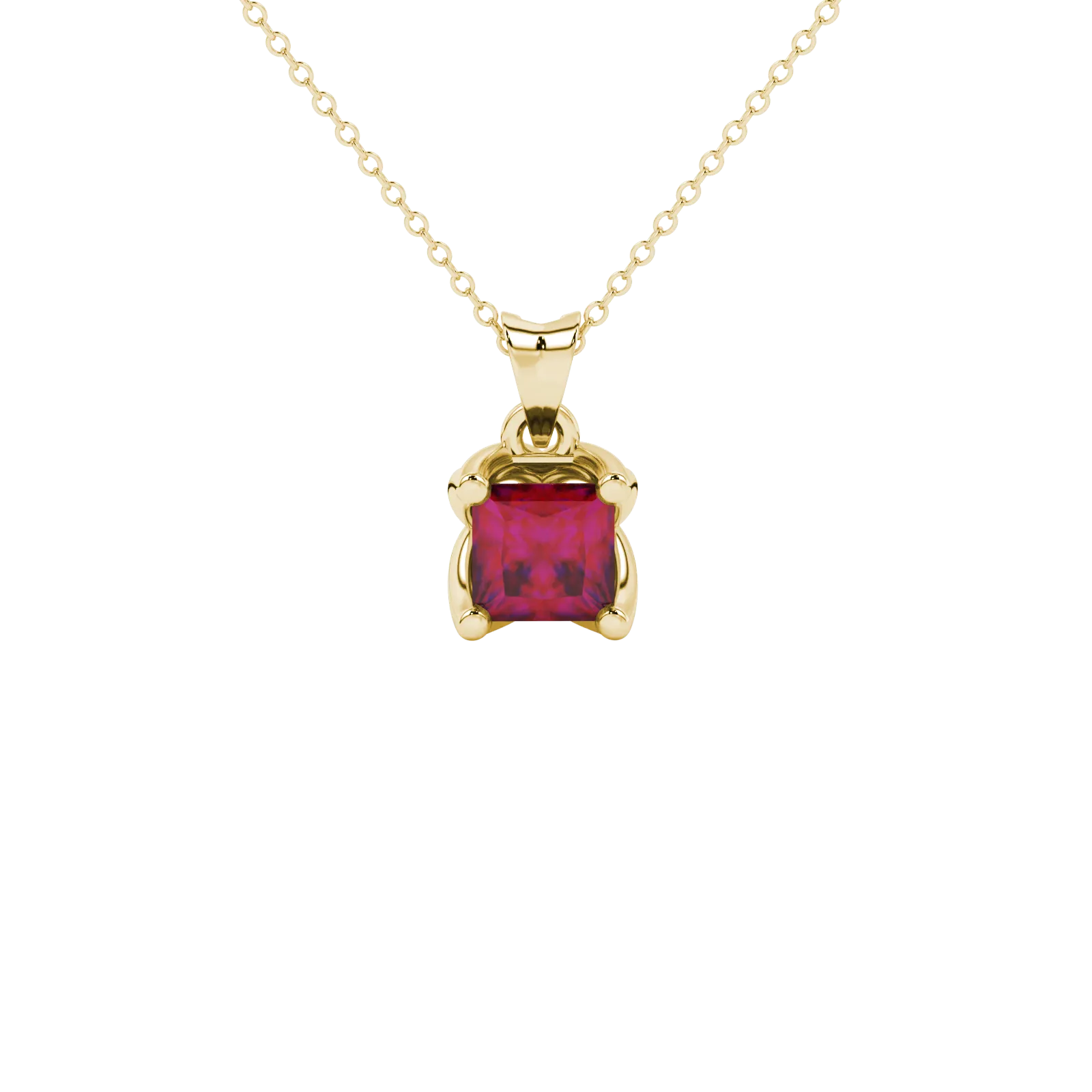 Princess raspberry red gemstone pendant, yellow gold tulip basket setting.