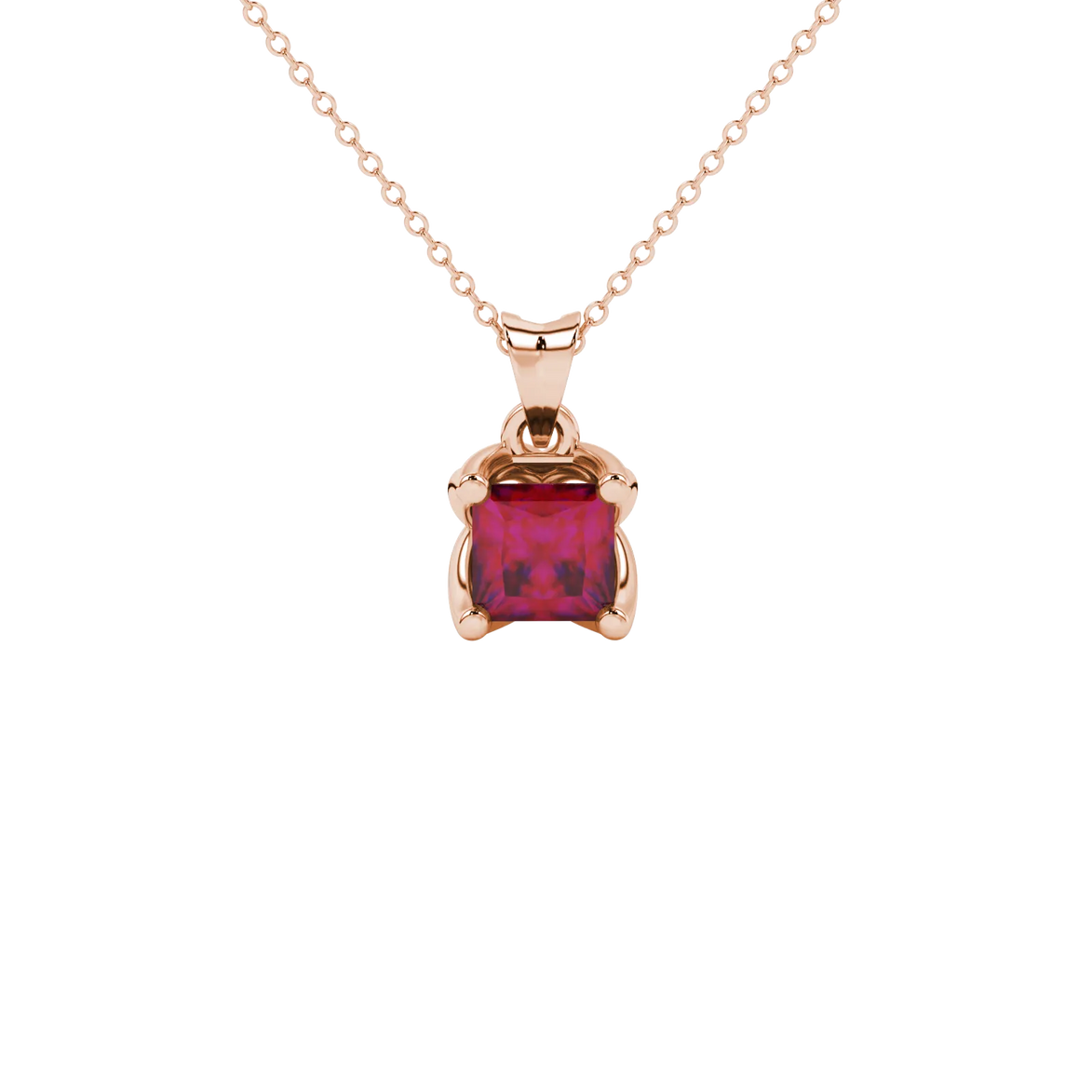 Princess raspberry red gemstone pendant, rose gold tulip basket setting.