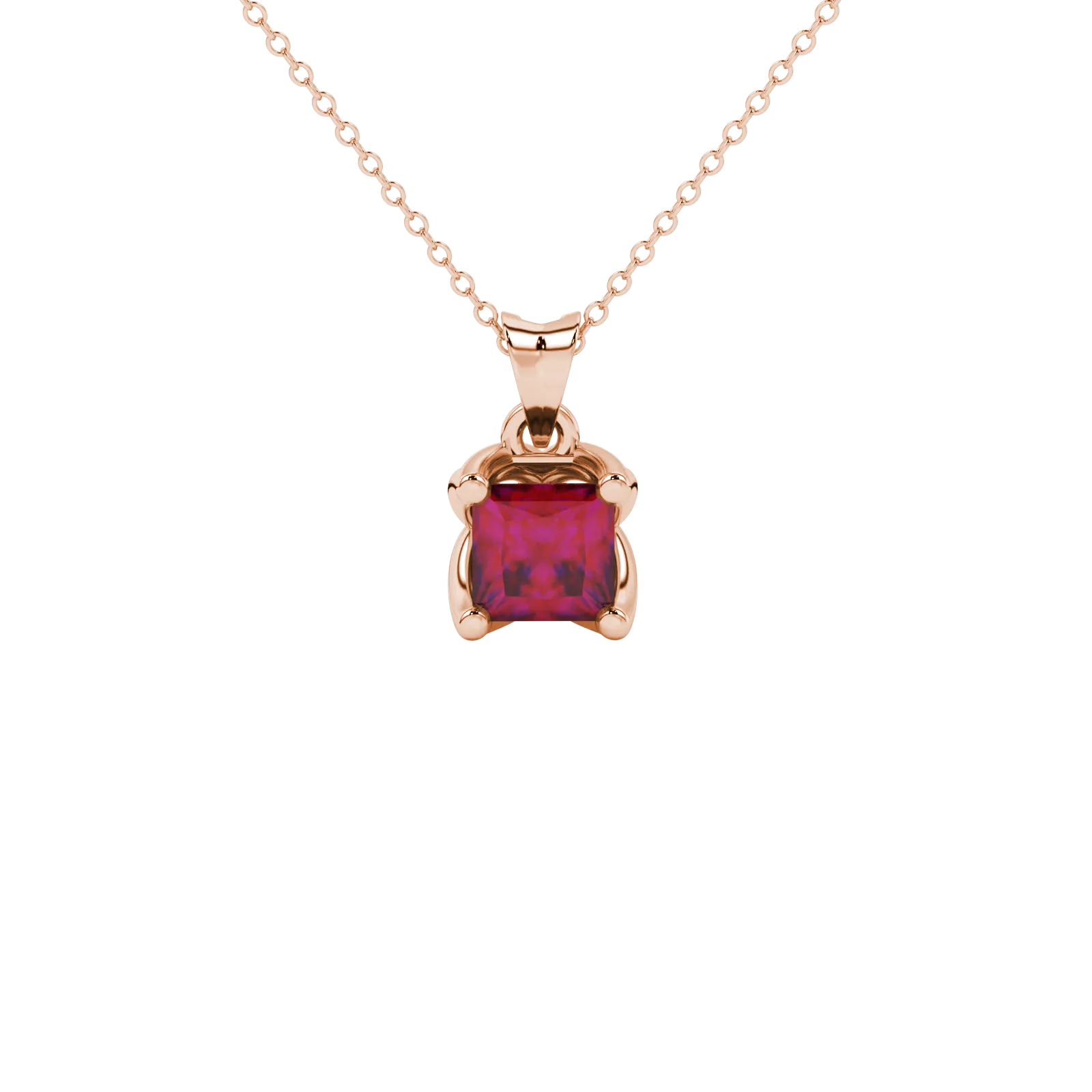Princess raspberry red gemstone pendant, rose gold tulip basket setting.