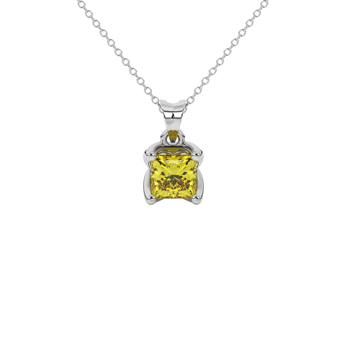 Princess canary yellow gemstone pendant, white gold tulip basket setting.