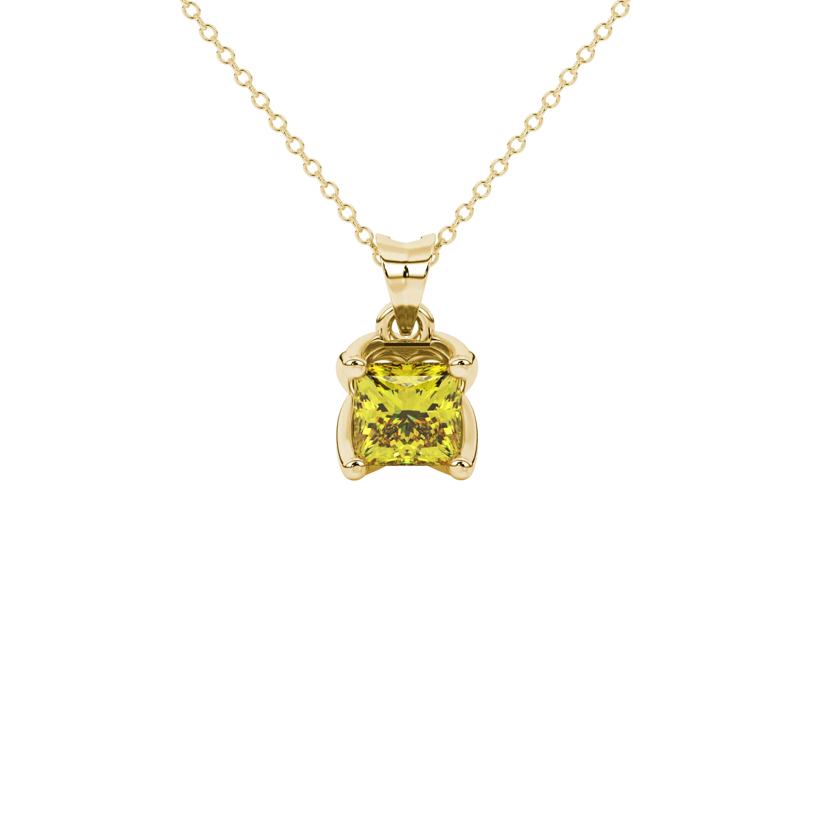 Princess canary yellow gemstone pendant, yellow gold tulip basket setting.