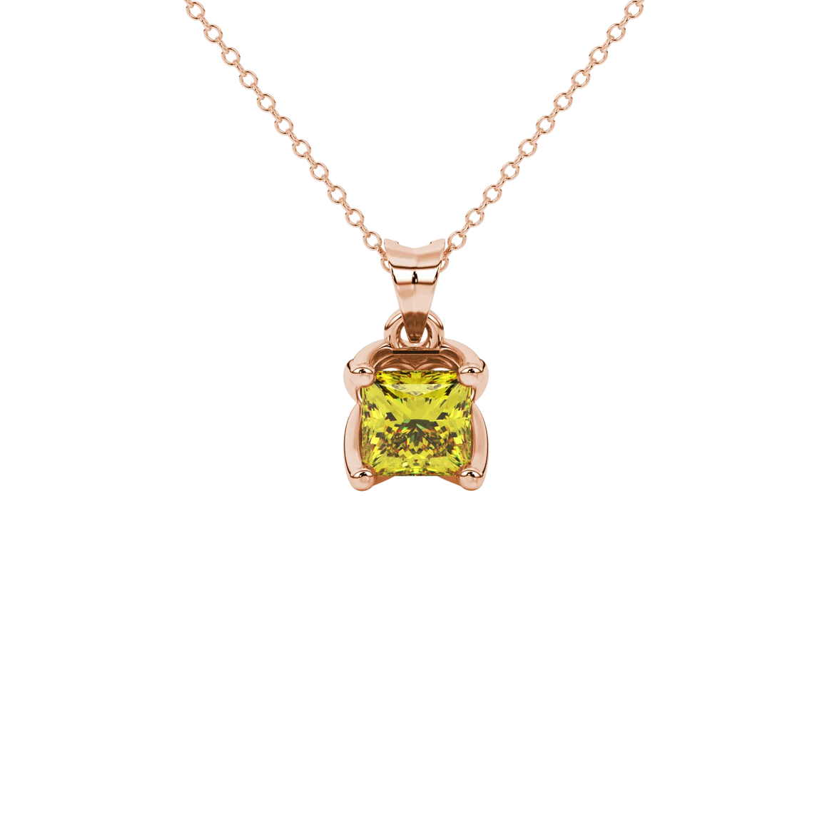 Princess canary yellow gemstone pendant, rose gold tulip basket setting.