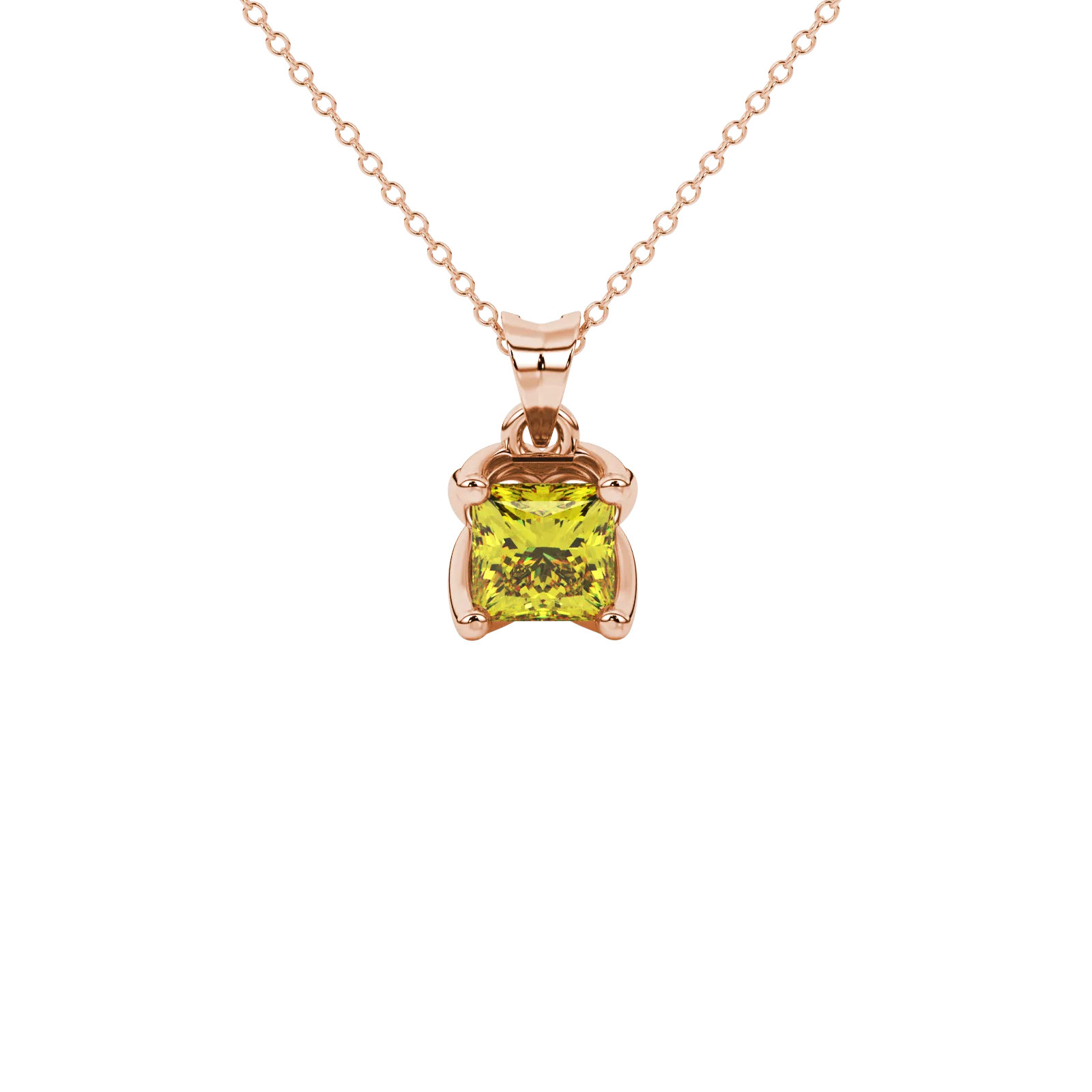 Princess canary yellow gemstone pendant, rose gold tulip basket setting.