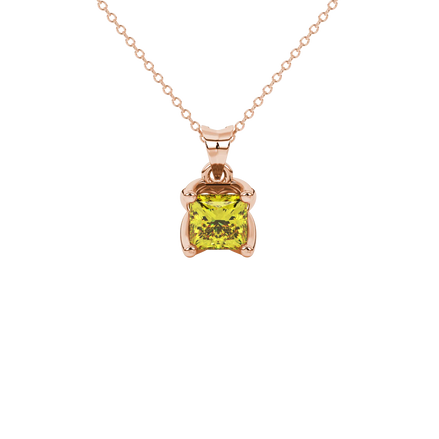 Princess canary yellow gemstone pendant, rose gold tulip basket setting.