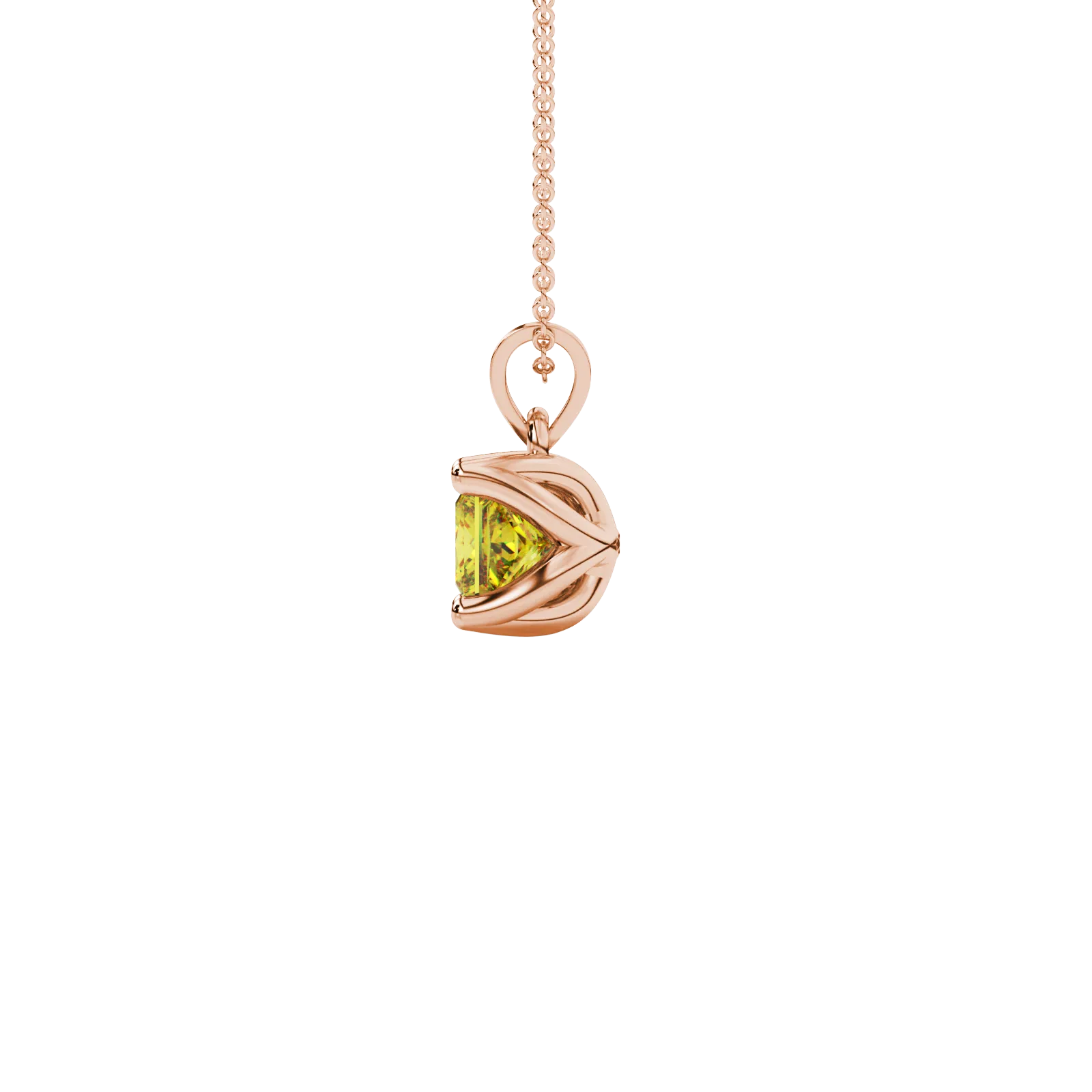 Side profile, rose gold canary yellow pendant, tulip basket gallery.