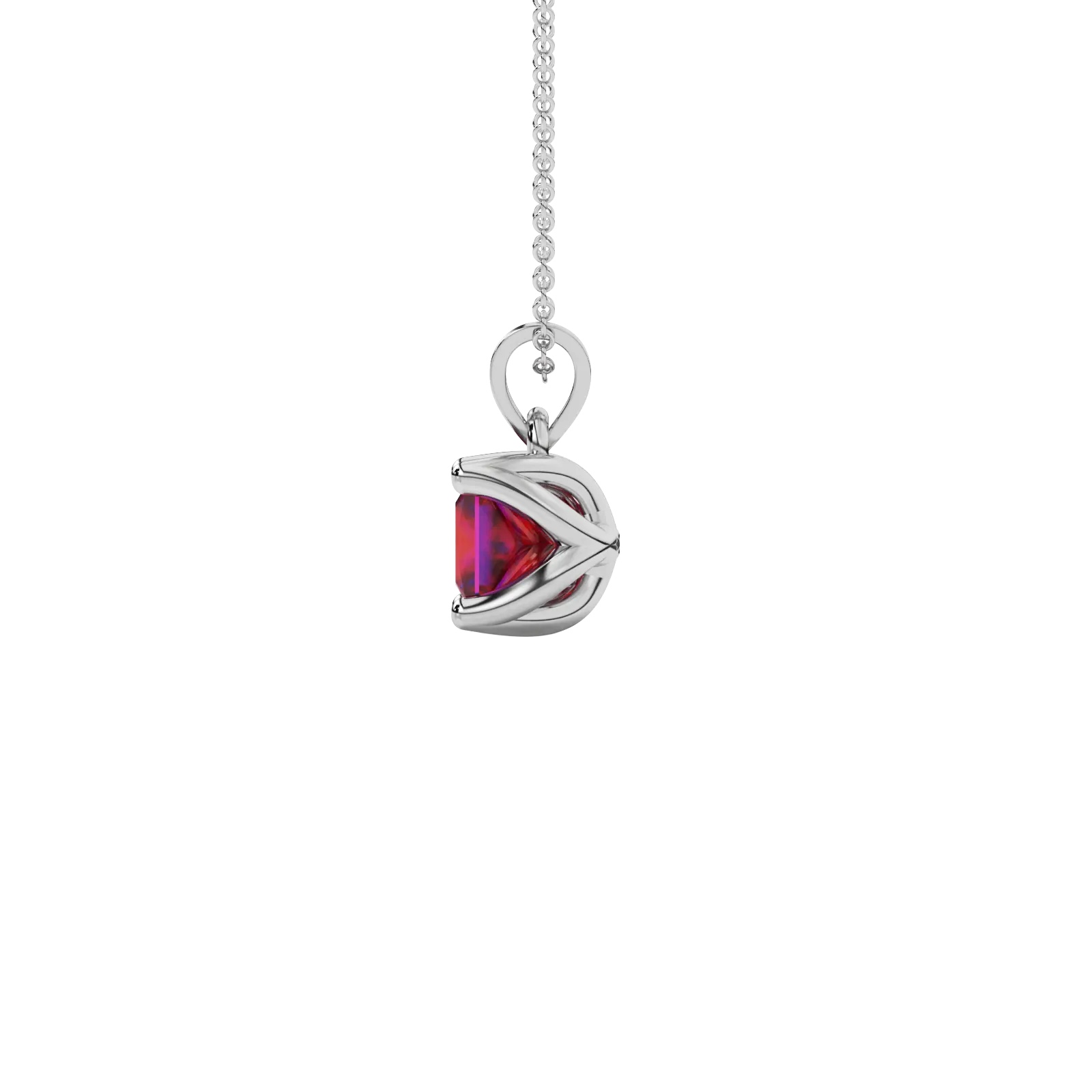 Side profile, white gold raspberry red pendant, tulip basket gallery.