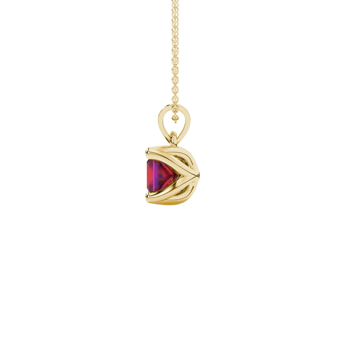 Side profile, yellow gold raspberry red pendant, tulip basket gallery.