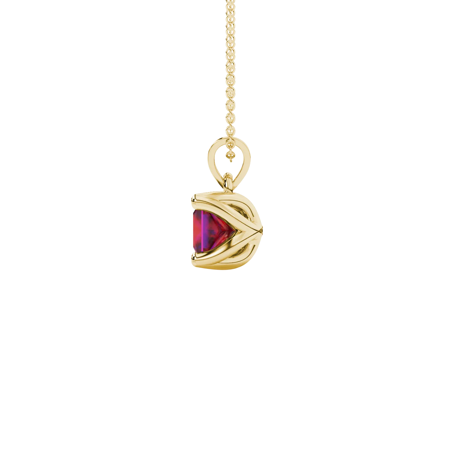 Side profile, yellow gold raspberry red pendant, tulip basket gallery.