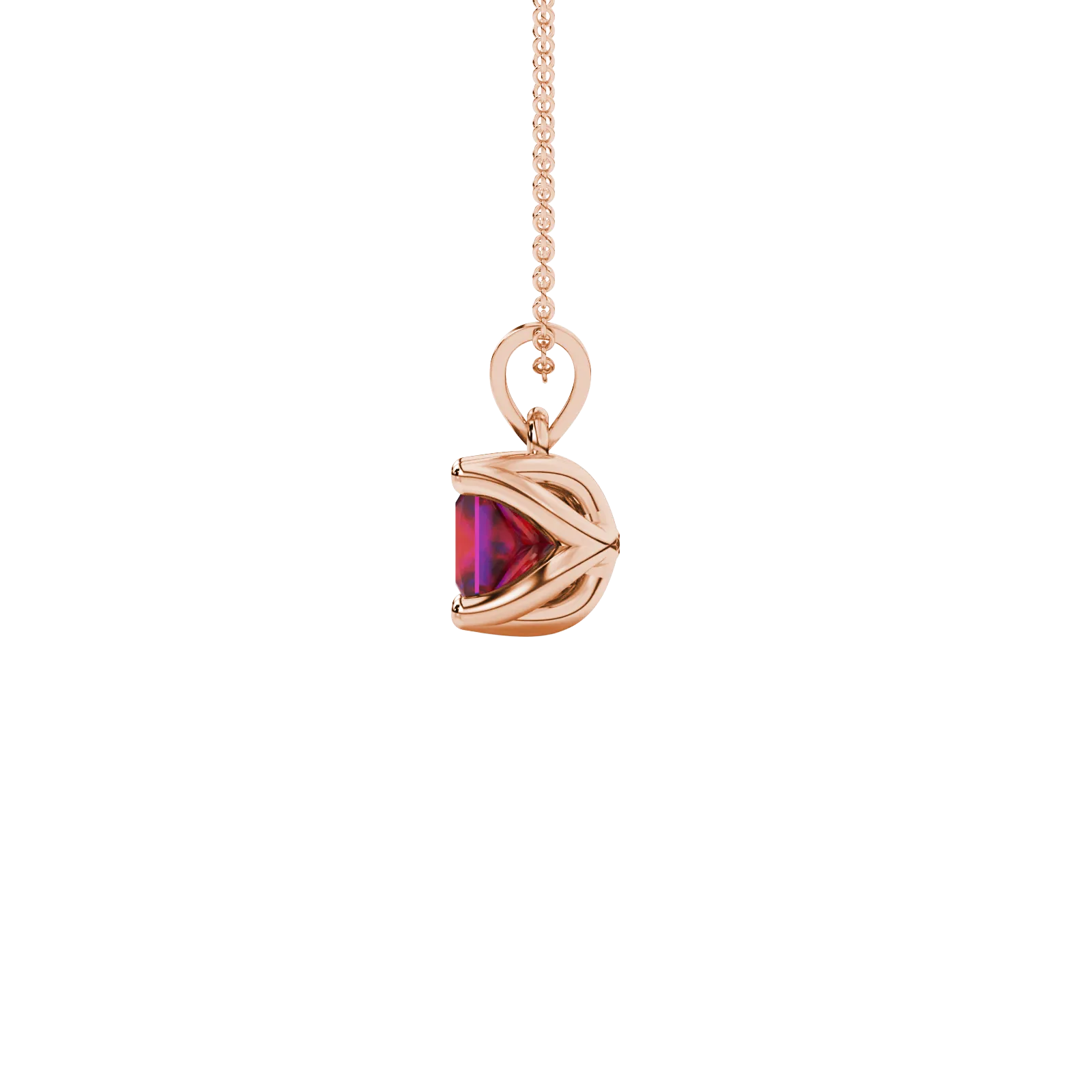Side profile, rose gold raspberry red pendant, tulip basket gallery.