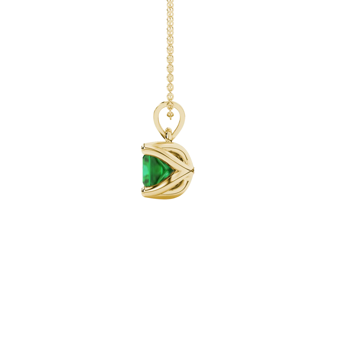 Side profile, yellow gold emerald green pendant, tulip basket gallery.