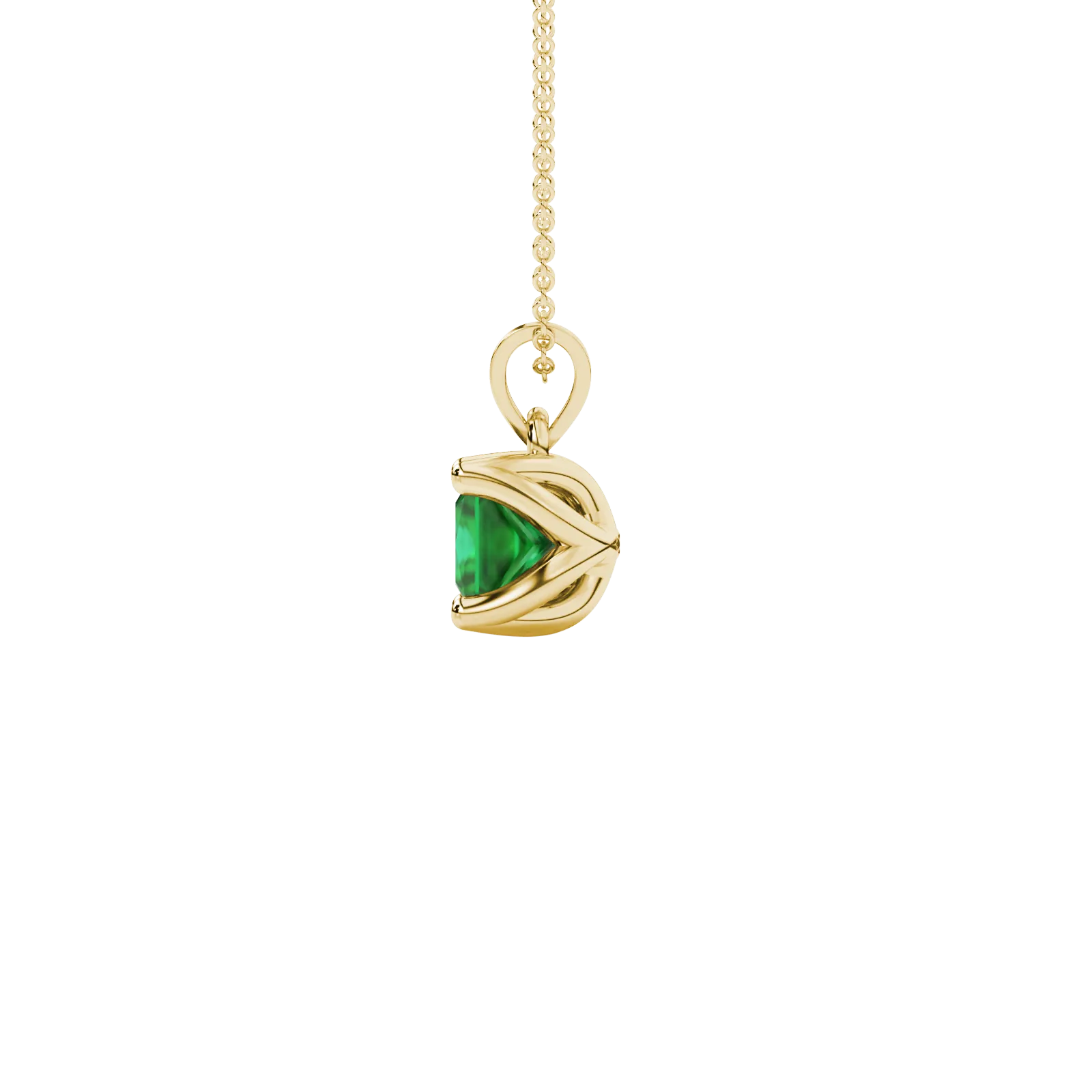 Side profile, yellow gold emerald green pendant, tulip basket gallery.