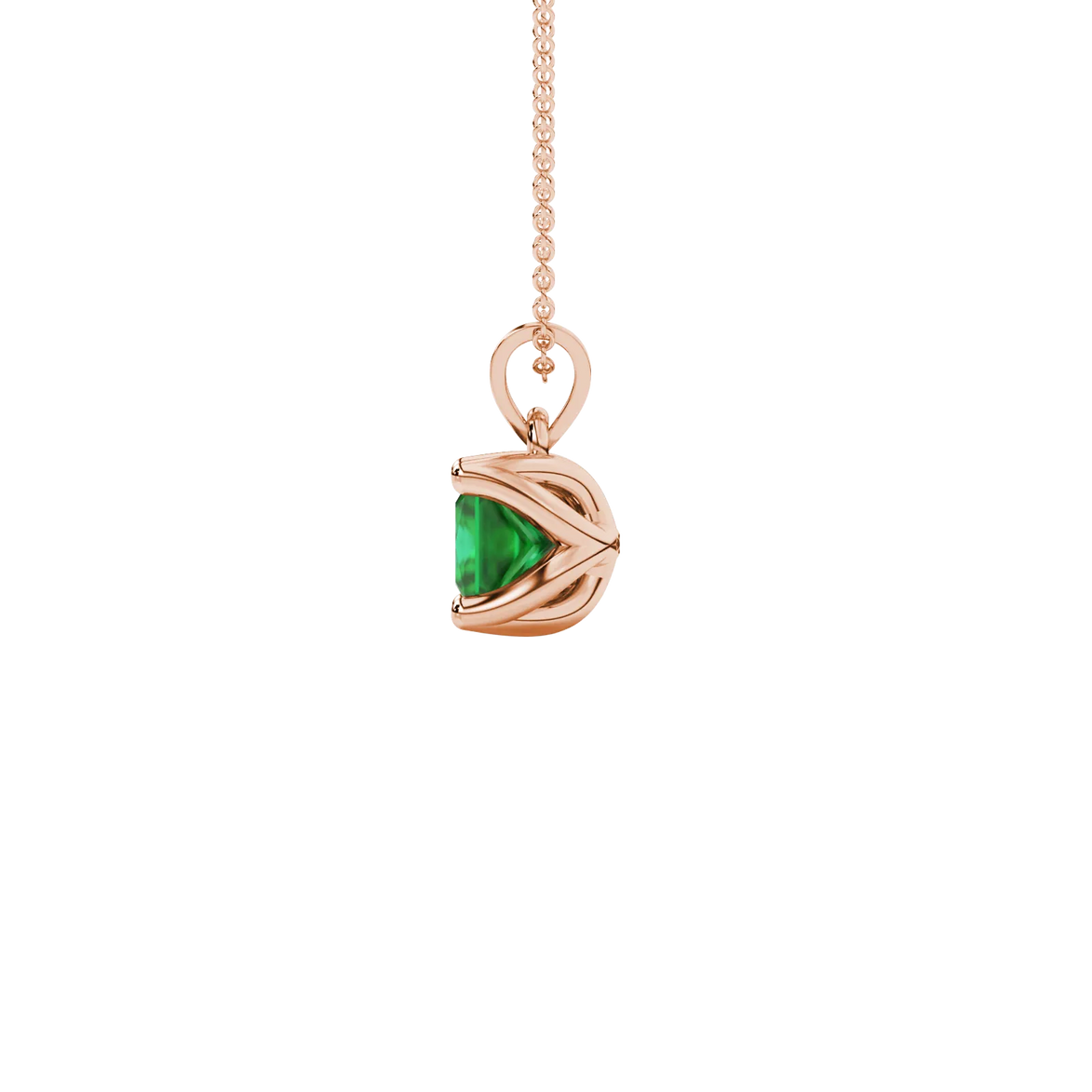 Side profile, rose gold emerald green pendant, tulip basket gallery.