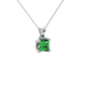 Close-up emerald green gemstone, white gold tulip setting.
