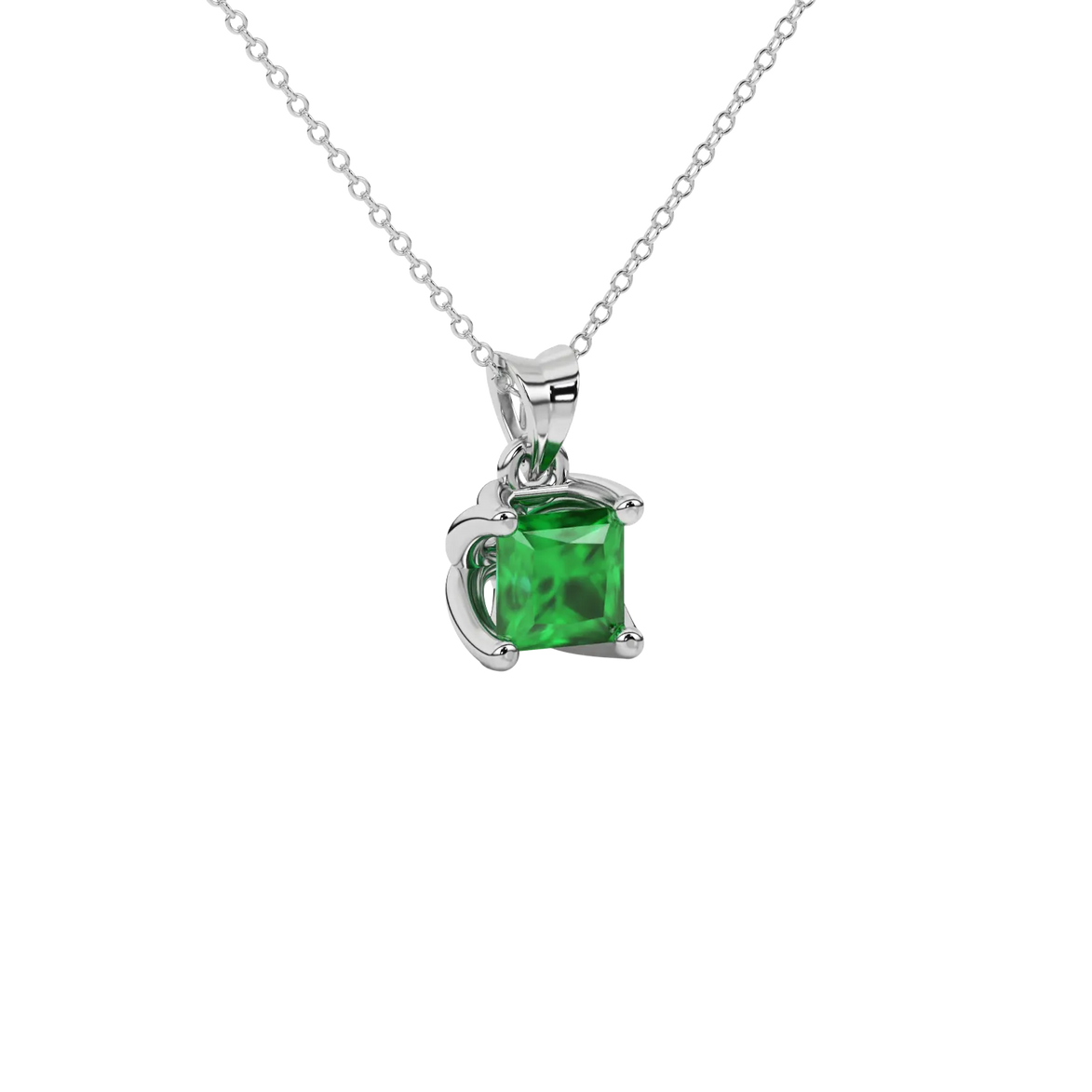 Close-up emerald green gemstone, white gold tulip setting.