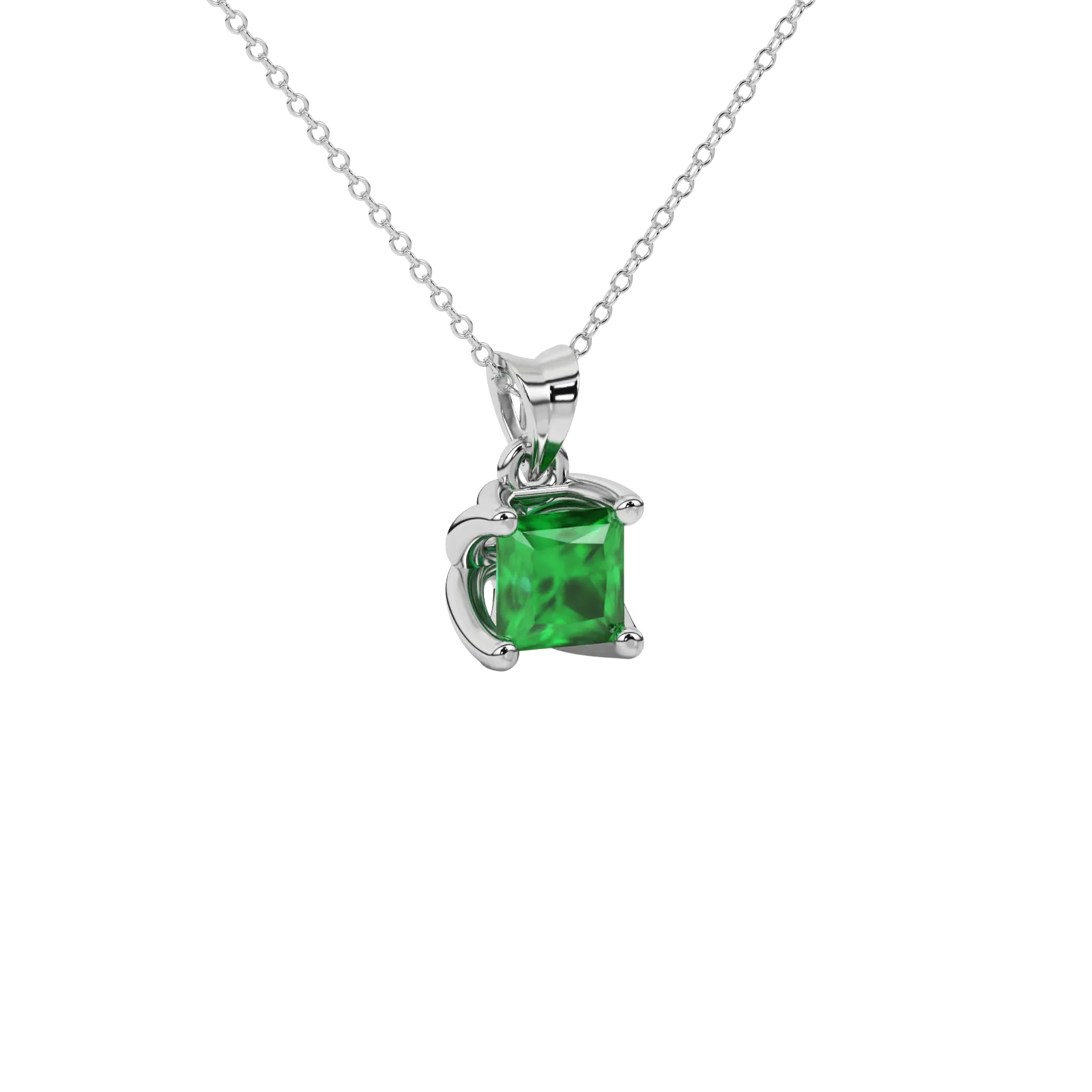 Close-up emerald green gemstone, white gold tulip setting.