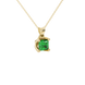 Close-up, princess emerald green gemstone, yellow gold tulip pendant.