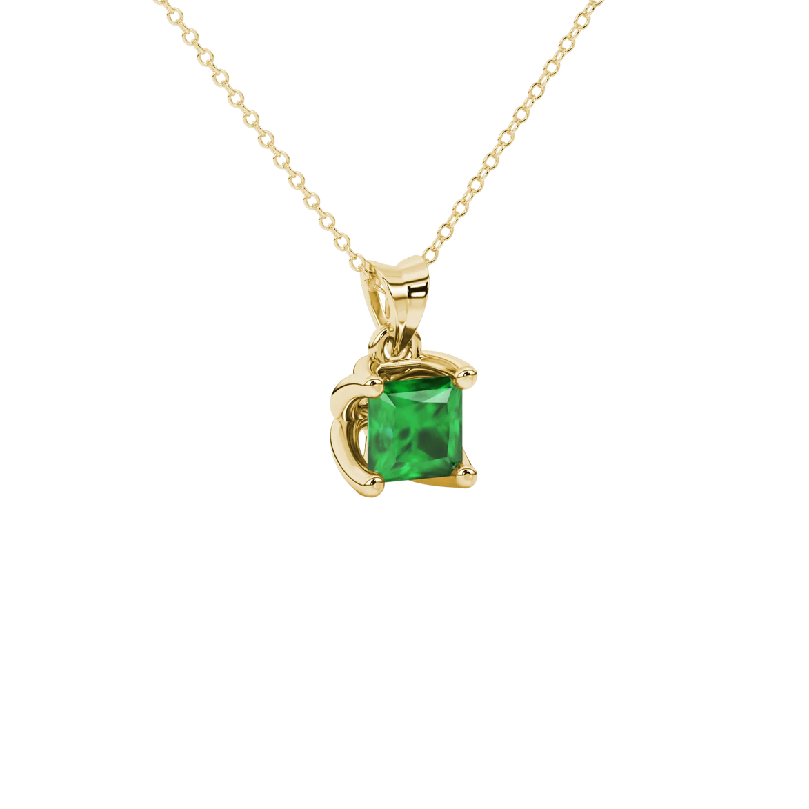 Close-up, princess emerald green gemstone, yellow gold tulip pendant.