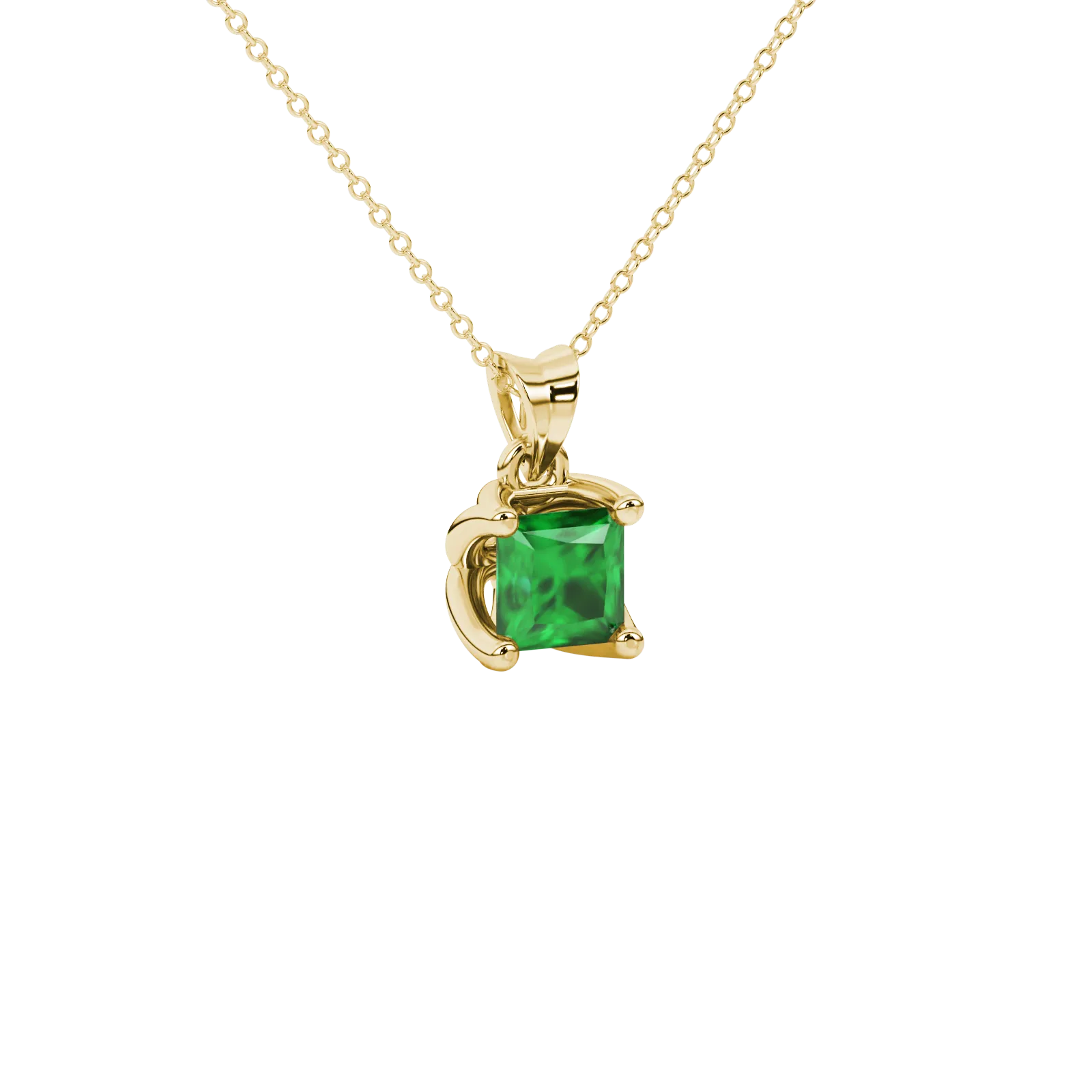 Close-up, princess emerald green gemstone, yellow gold tulip pendant.