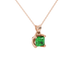 Close-up, princess emerald green gemstone pendant, rose gold tulip setting.