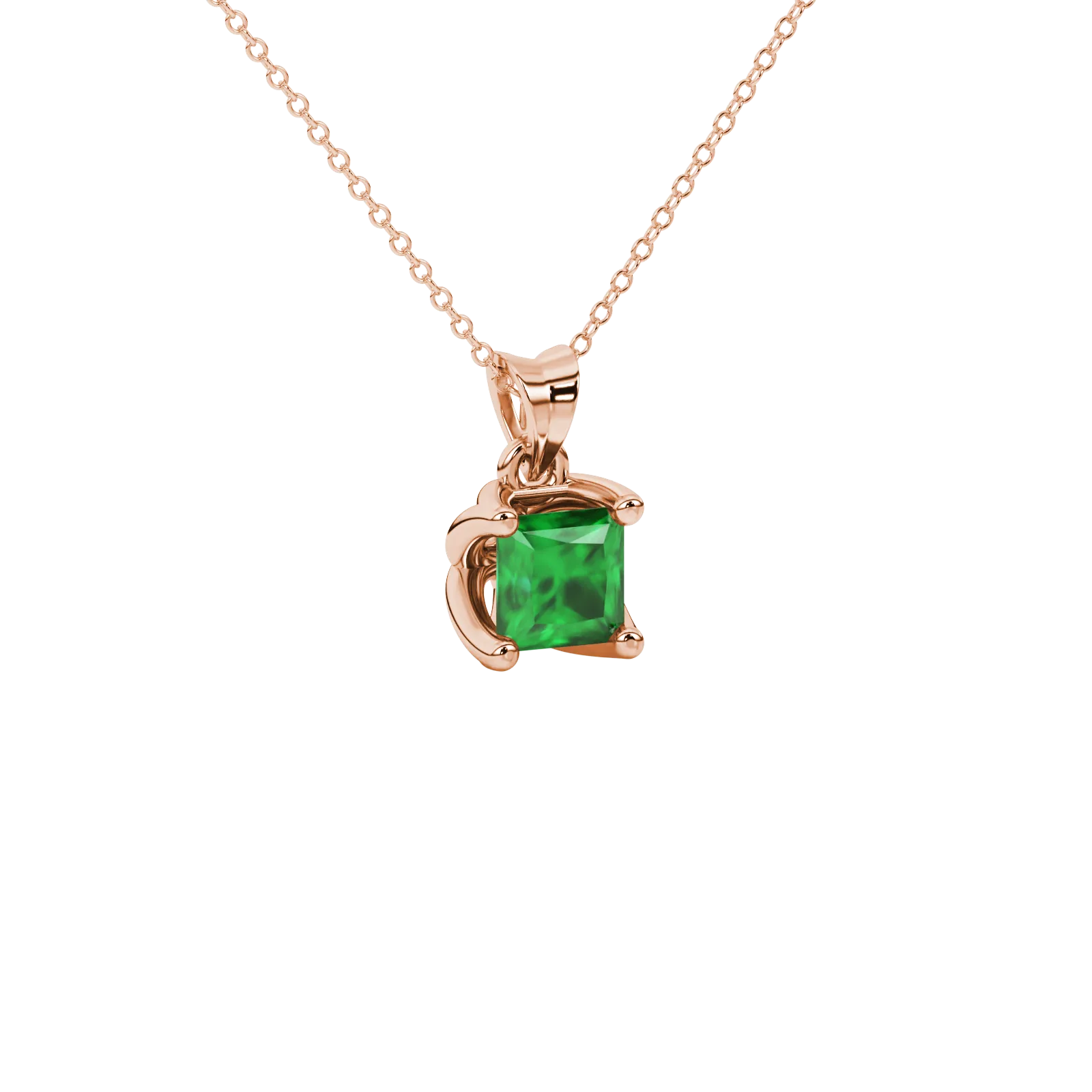 Close-up, princess emerald green gemstone pendant, rose gold tulip setting.
