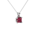Close-up raspberry red gemstone pendant white gold tulip setting.