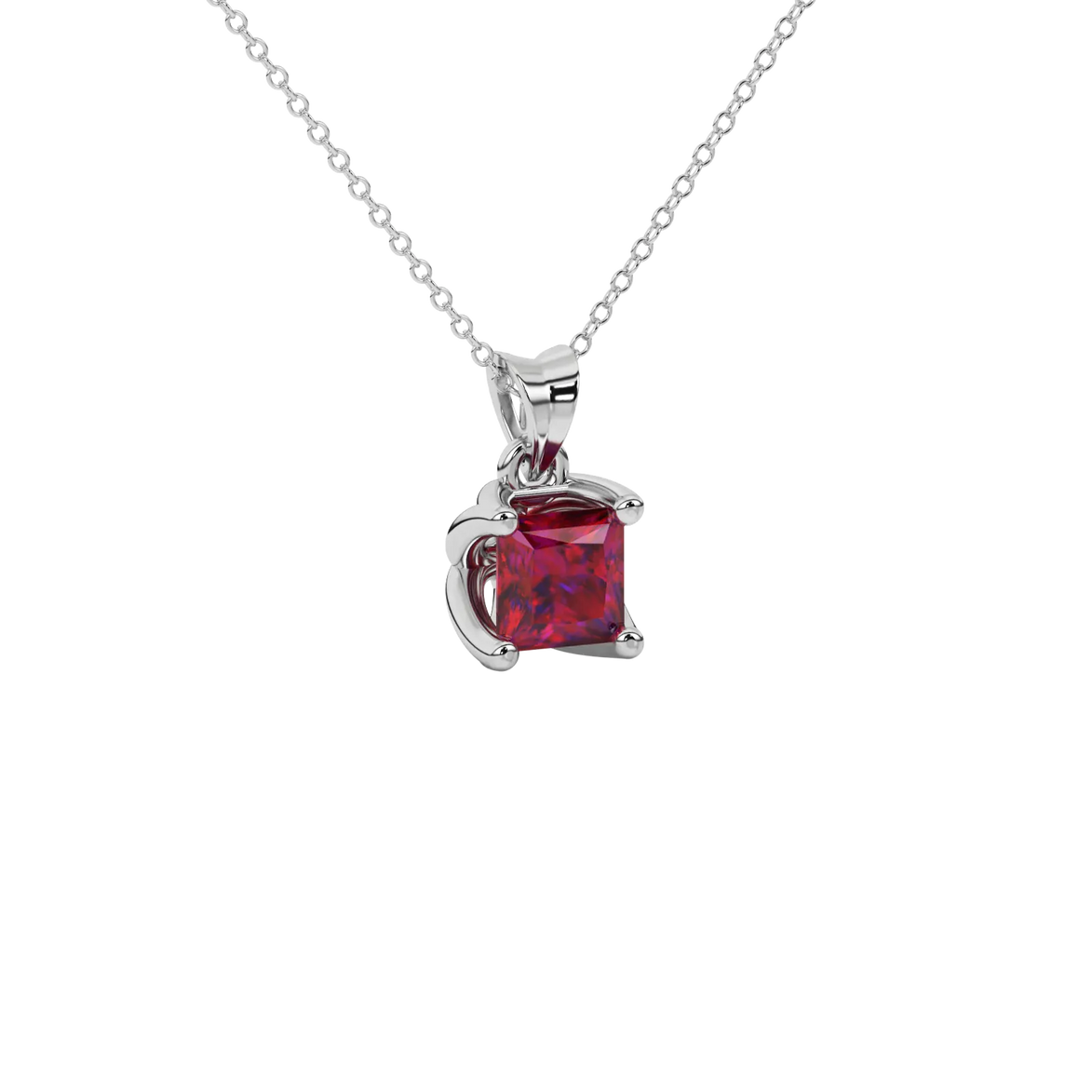 Close-up raspberry red gemstone pendant white gold tulip setting.