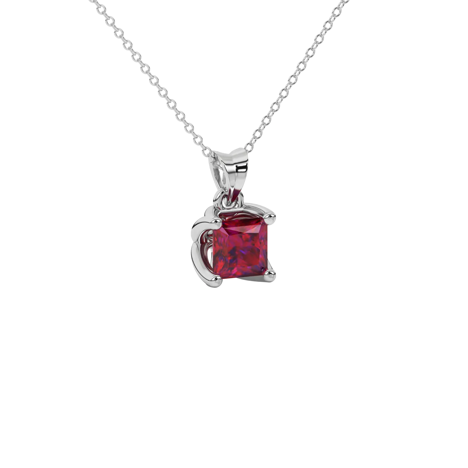 Close-up raspberry red gemstone pendant white gold tulip setting.