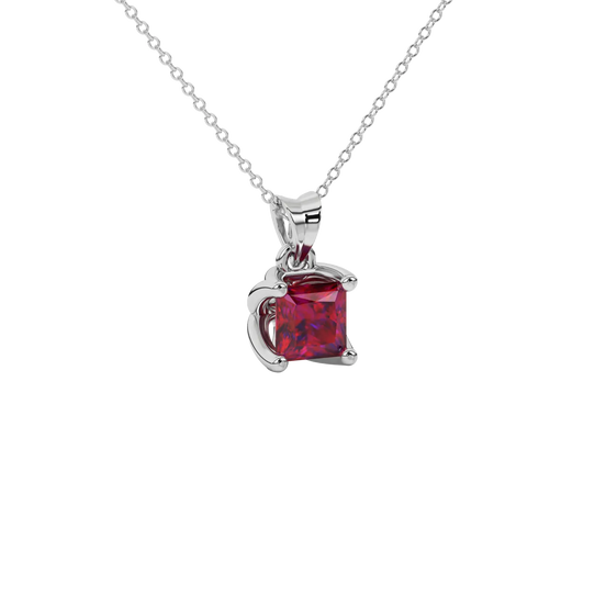 Close-up raspberry red gemstone pendant white gold tulip setting.