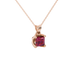 Close-up, princess raspberry red gemstone pendant, rose gold tulip setting.