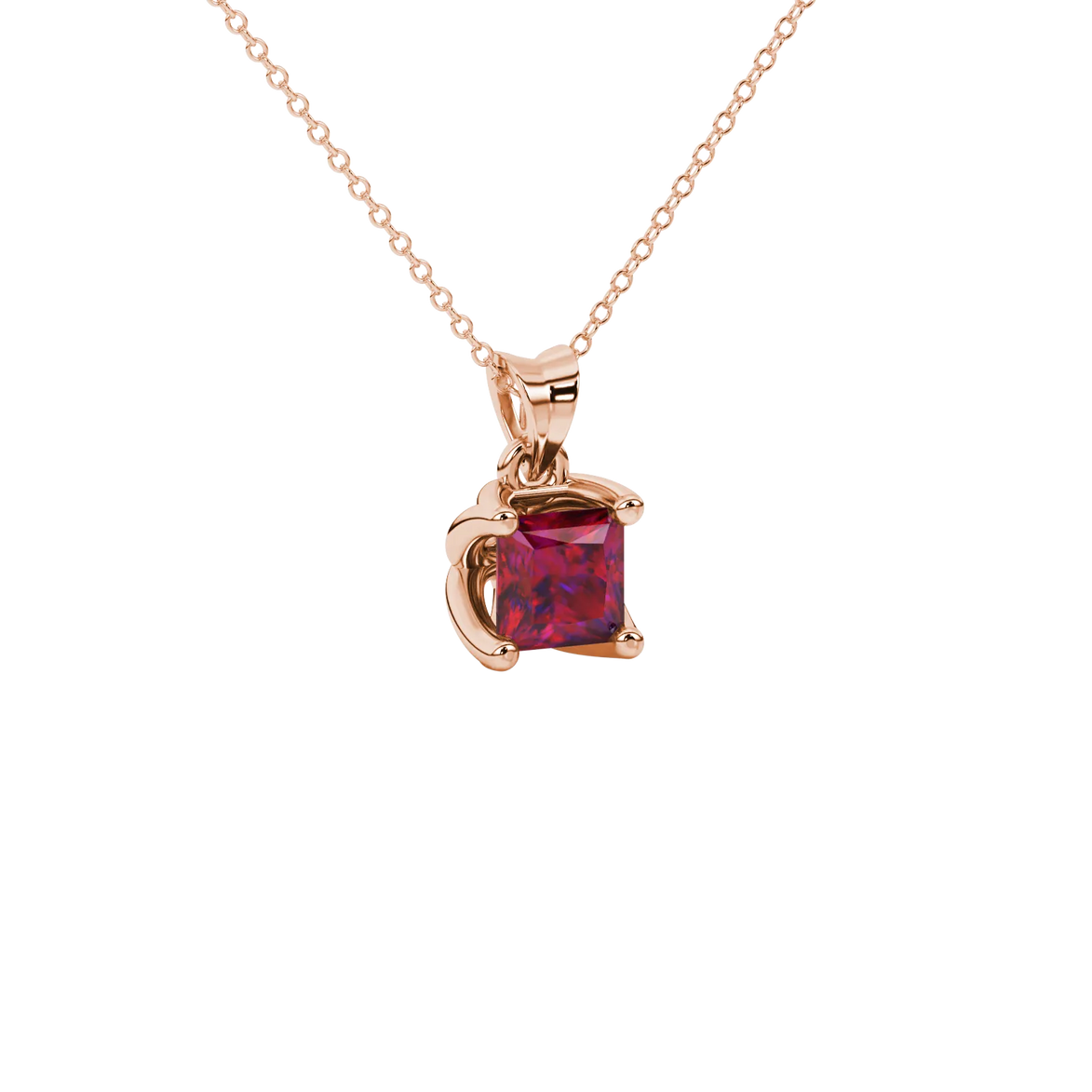 Close-up, princess raspberry red gemstone pendant, rose gold tulip setting.