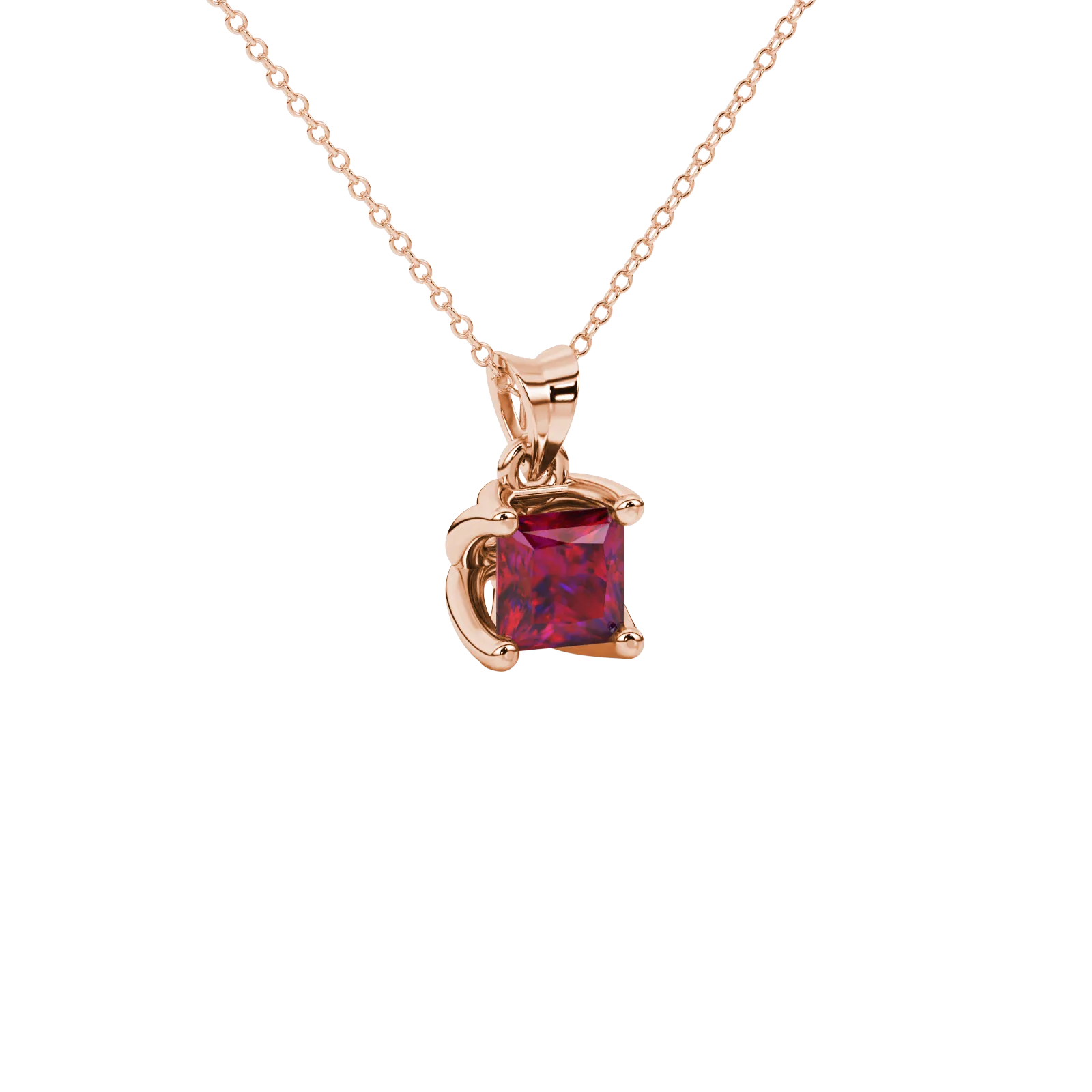 Close-up, princess raspberry red gemstone pendant, rose gold tulip setting.