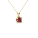 Close-up, princess raspberry red gemstone, yellow gold tulip pendant.