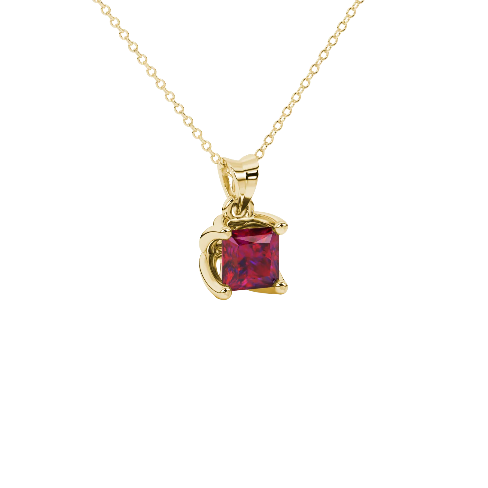 Close-up, princess raspberry red gemstone, yellow gold tulip pendant.