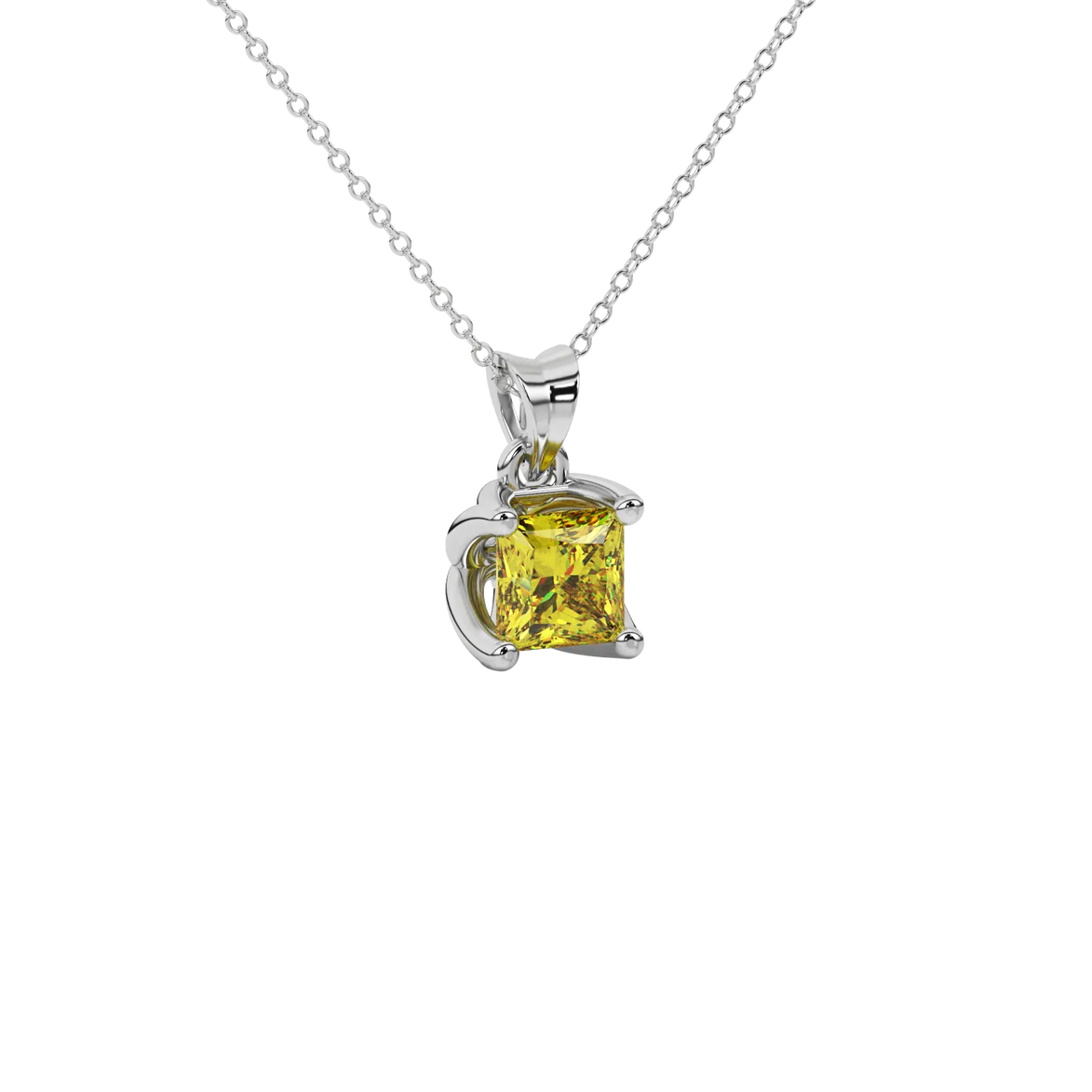 Close-up canary yellow gemstone, white gold tulip setting.