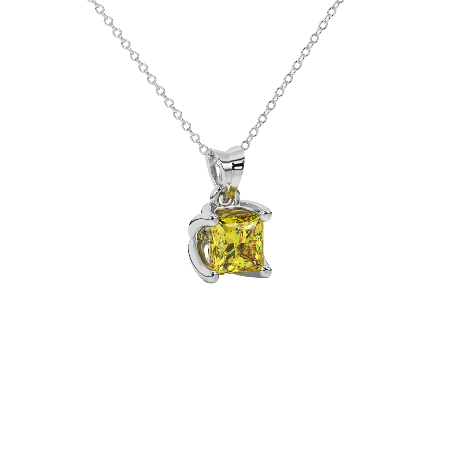 Close-up canary yellow gemstone, white gold tulip setting.