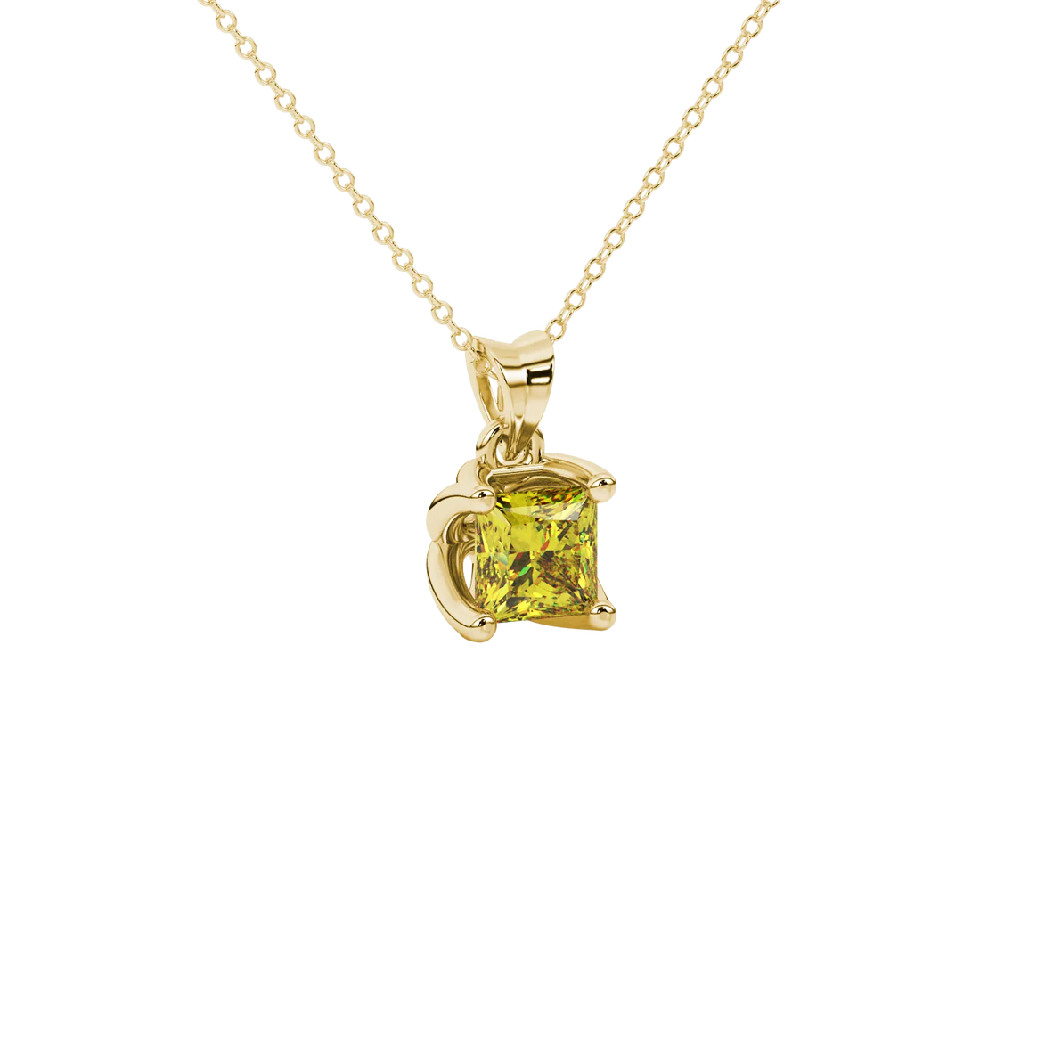Close-up, princess canary yellow gemstone, yellow gold tulip pendant.