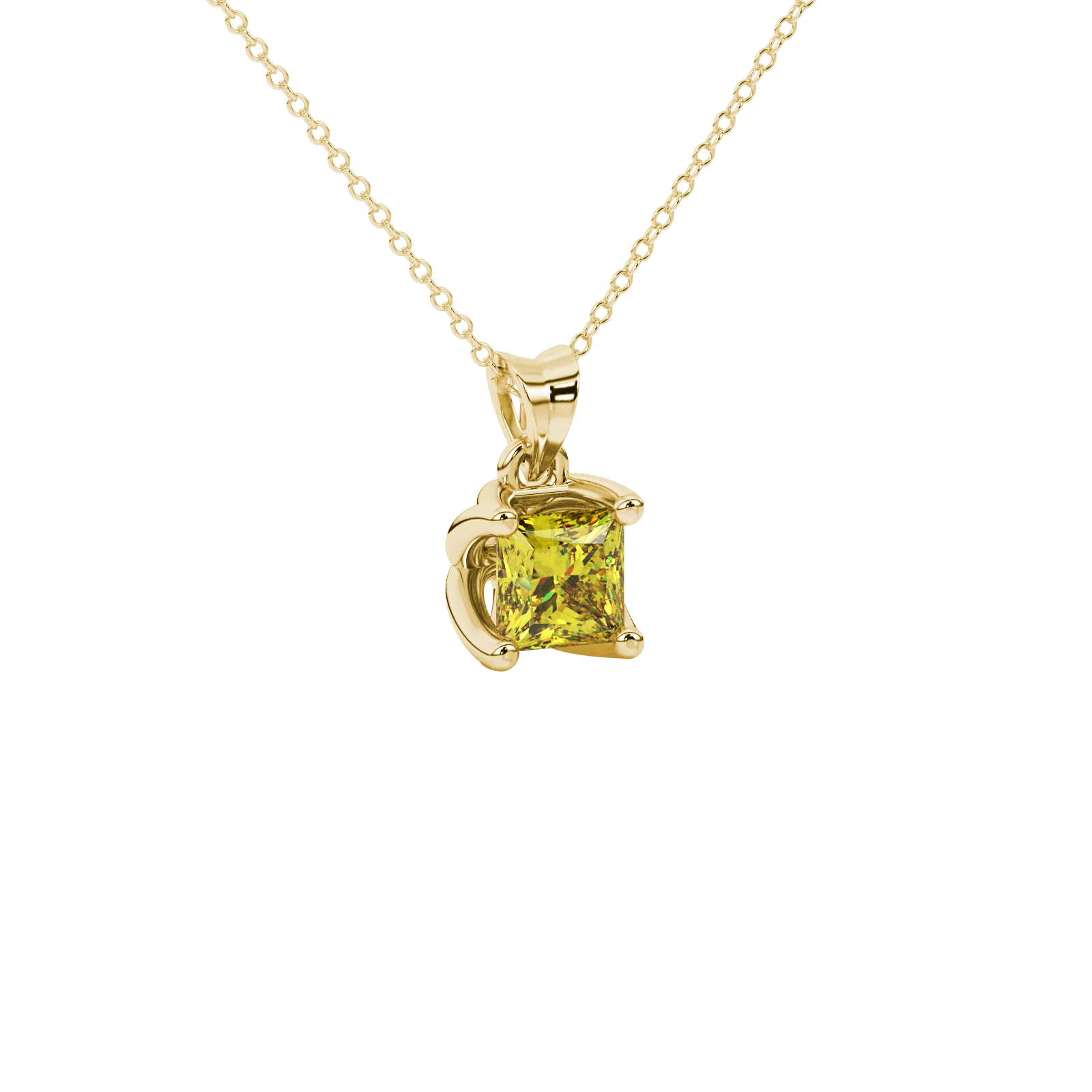 Close-up, princess canary yellow gemstone, yellow gold tulip pendant.