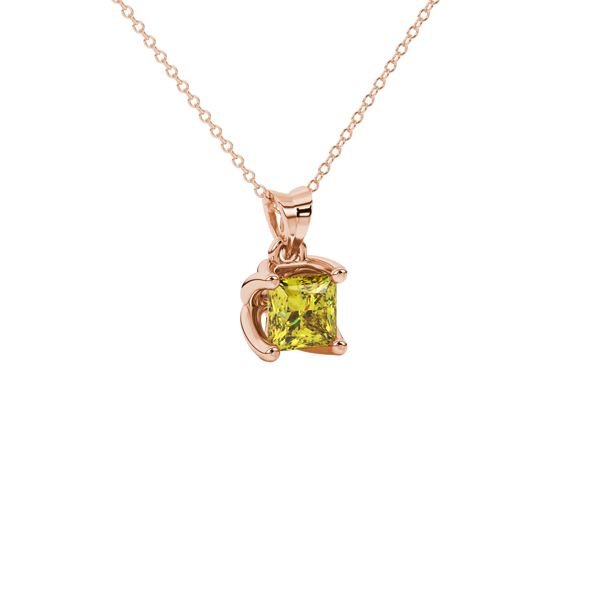 Close-up, princess canary yellow gemstone pendant, rose gold tulip setting.
