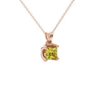 Close-up, princess canary yellow gemstone pendant, rose gold tulip setting.