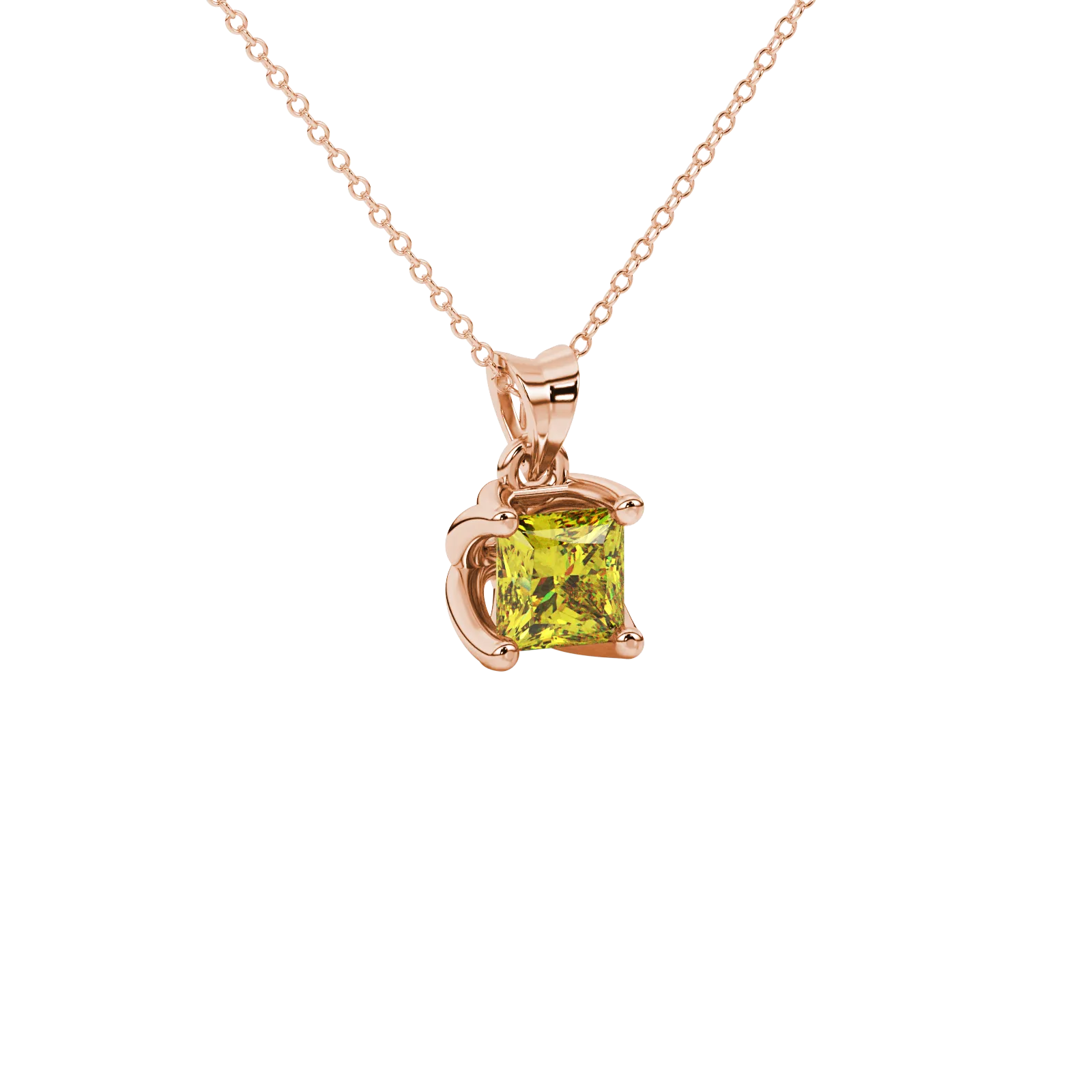 Close-up, princess canary yellow gemstone pendant, rose gold tulip setting.
