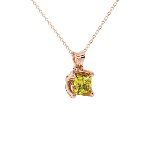 Close-up, princess canary yellow gemstone pendant, rose gold tulip setting.